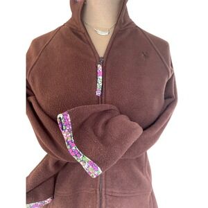 Lilly‎ Pulitzer fleece jacket brown,floral trim, logo front pockets SM pockets